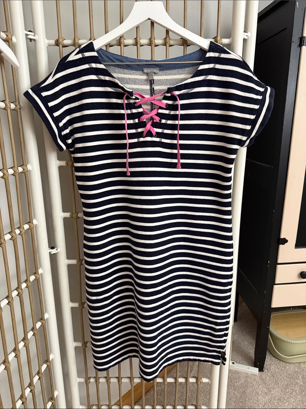 Talbots Navy and White Striped Lace-Up Dress with Pink Ties